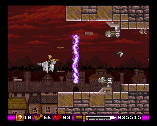 Pegasus (Amiga) screenshot: Using electricity against some cannons...