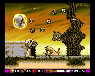 Pegasus (Amiga) screenshot: A have found a shield! It will protect me for a limited time.