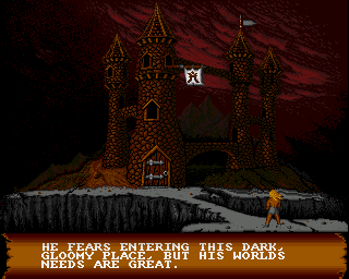 Pegasus (Amiga) screenshot: Intro. Perseus, the hero, is about to enter a castle, where he will get the flying horse Pegasus.