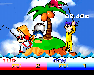 Bishi Bashi Special (PlayStation) screenshot: HBB: when the rods shake, pull up the fish before your opponent.