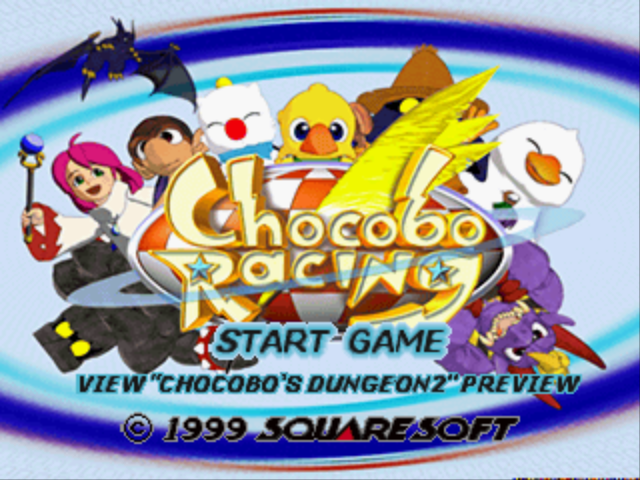 Chocobo Racing (PlayStation) screenshot: US title screen, in this version you can enjoy the next Squaresoft's game trailer.