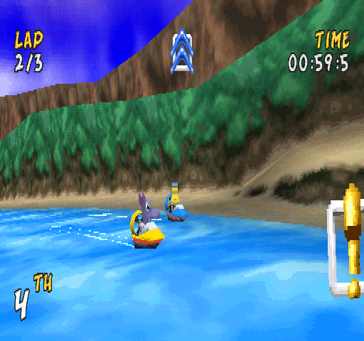 XS Airboat Racing (PlayStation) screenshot: Checking who's behind.