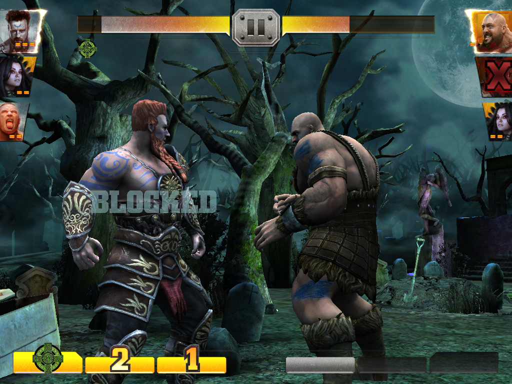WWE Immortals (iPad) screenshot: Facing up the giant with a Celtic Warrior.