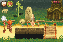 Arthur and the Invisibles: The Game (Game Boy Advance) screenshot: The mechanism which makes to platform move must be hit with a stone to be activated.