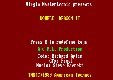 Double Dragon II: The Revenge (Amstrad CPC) screenshot: Startup screen (128K floppy disk version)