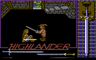Highlander (Commodore 64) screenshot: I'm knocked down, and Ramirez has the upper hand.