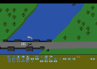 Blue Max (Atari 8-bit) screenshot: Flying over a bridge
