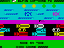 Road Toad (ZX Spectrum) screenshot: Beware of the.... "The Turtle Submerginnng!!!!"<br>(Parental guidance is suggested)