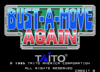 Bust-A-Move Again (Arcade) screenshot: Title screen for the US version (Taito F3 system)