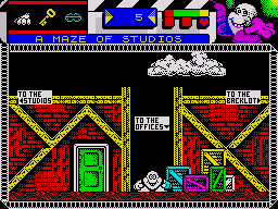 Seymour Goes to Hollywood (ZX Spectrum) screenshot: The maze of building at the movie studio