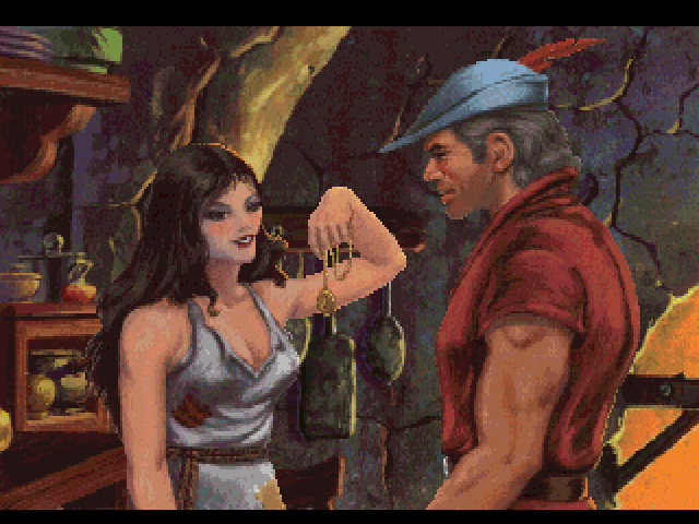 King's Quest V: Absence Makes the Heart Go Yonder! (FM Towns) screenshot: Graham returns the locket to Cassima