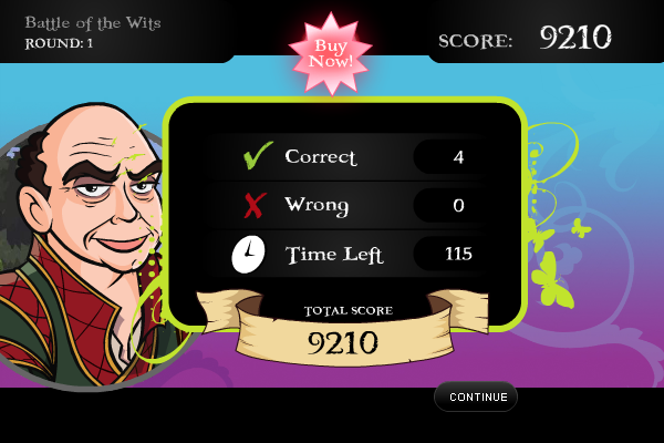 The Princess Bride Game (Windows) screenshot: Completing a quiz round (demo)
