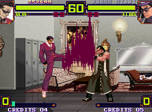 Shin Gōketsuji Ichizoku Tōkon: Matrimelee (Neo Geo) screenshot: Olof attempts to hit-damage Elias with his attack Acid Rain, but his kickin' offensive is blocked...