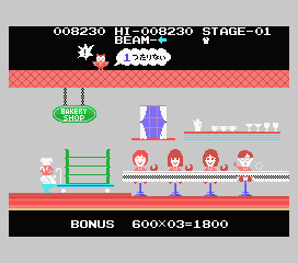 Comic Bakery (MSX) screenshot: Stage clear and Give these kids something to eat! - 1ea of bakery is insufficient (Japanese version)
