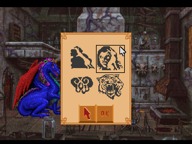 King's Quest V: Absence Makes the Heart Go Yonder! (FM Towns) screenshot: Final confrontation with Mordack, spells menu