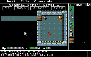 Rogue (Atari ST) screenshot: A hobgoblin, guarding some gold. Hobgoblins are dangerous, but only for beginners.