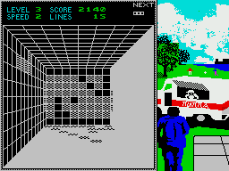Welltris (ZX Spectrum) screenshot: Level 3 with a pizza-van.