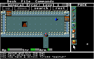 Rogue (Atari ST) screenshot: Found the steps to the next level, as well as a magic potion.