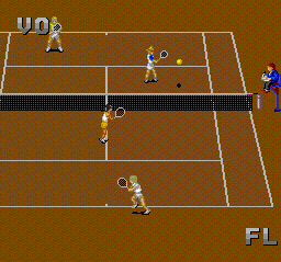 Power Tennis (TurboGrafx-16) screenshot: Clay court, "ball" has been set to on in the settings, what it does is display the shot type in the corners of the screen (for example, VO=volley)