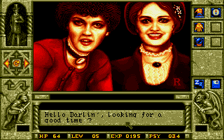 WaxWorks (Amiga) screenshot: Talking with some prostitutes, but don't worry, the game has no explicit sexual content. Just a lot of gore...