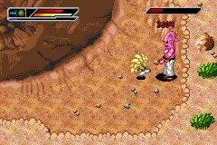 Dragon Ball Z: Buu's Fury (Game Boy Advance) screenshot: Super Saiyan 3 Gotenks fighting Super Buu.