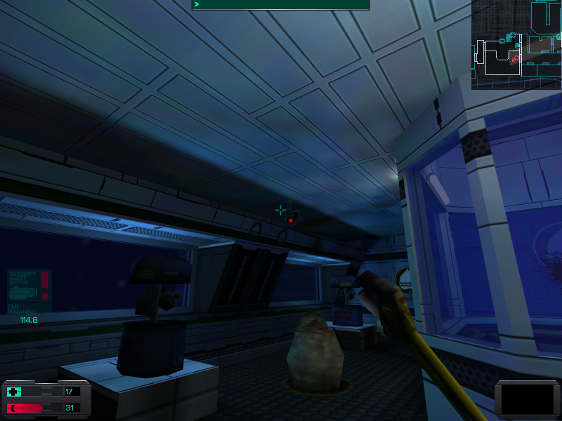 System Shock 2 (Windows) screenshot: Disturbing organic elements become more prominent as the game advances. Here, you see strange large eggs protected by a turret