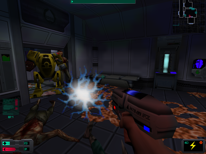 System Shock 2 (Windows) screenshot: Flashy battle between me and an oversized, maniacal security robot