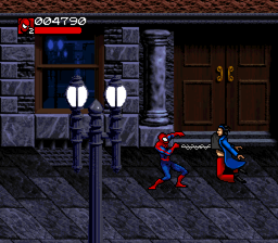 Venom • Spider-Man: Separation Anxiety (SNES) screenshot: Catches thieves, just like flies.