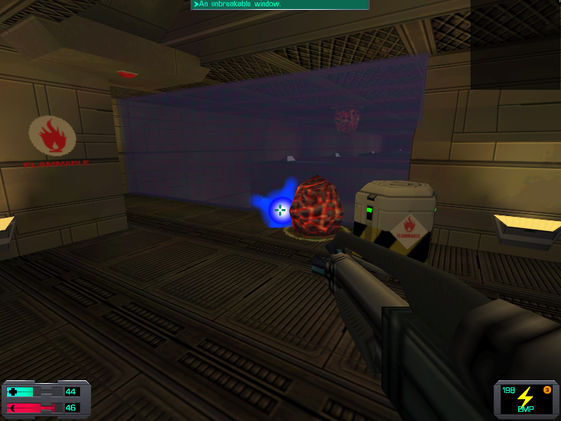 System Shock 2 (Windows) screenshot: More weapons, more effects... Trying to destroy strange alien objects in the Rickenbacker Pod