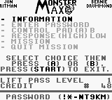 Monster Max (Game Boy) screenshot: Options menu and password