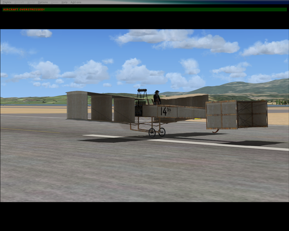 The Early Years of Flight (Windows) screenshot: Santos-Dumont 14-bis - This aircraft can break easily on takeoff. (Warning message in upper right) (FSX)