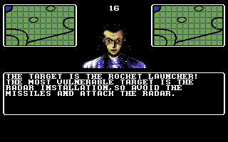 U.N. Squadron (Commodore 64) screenshot: The briefing for your first mission