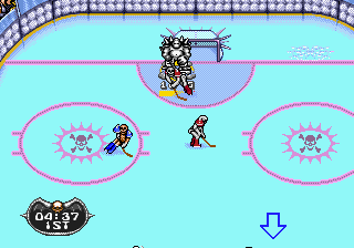Mutant League Hockey (Genesis) screenshot: A melee in front of the net