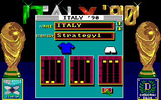 Italy '90 Soccer (Amiga) screenshot: Country, its strategy, and its color selection...