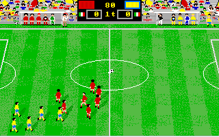 Italy '90 Soccer (Amiga) screenshot: Teams are running in the field...