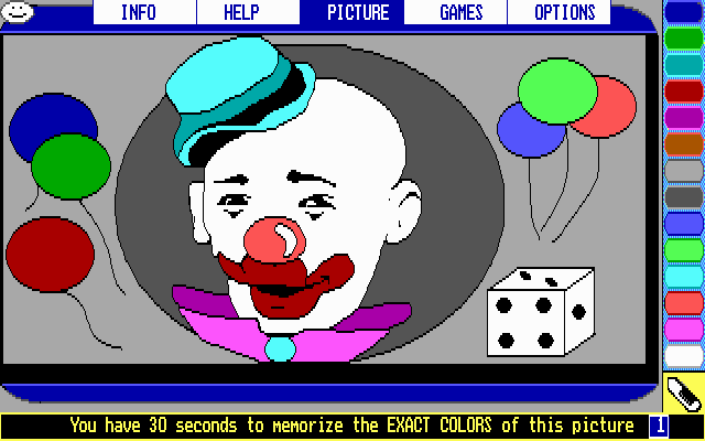 Magic Crayon (DOS) screenshot: There are lots of different images to color including this creepy clown!