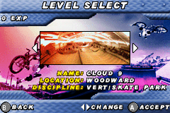 Dave Mirra Freestyle BMX 2 (Game Boy Advance) screenshot: Level select