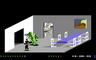 Project Firestart (Commodore 64) screenshot: It's crawling with mutants in the dining-room.