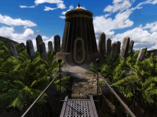 Riven: The Sequel to Myst (Windows Mobile) screenshot: Throne tower flanked by stone monoliths