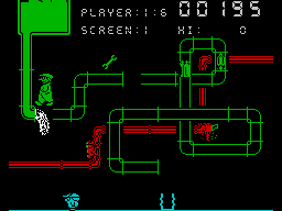 Super Pipeline II (ZX Spectrum) screenshot: A leak early in the pipework is more costly