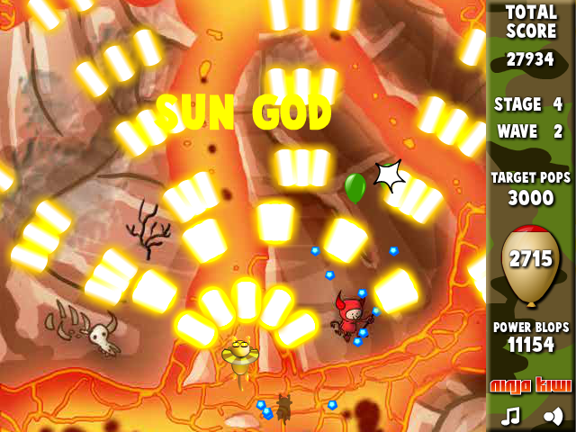 Bloons Super Monkey (Browser) screenshot: Stage 4 wave 2: sun god
