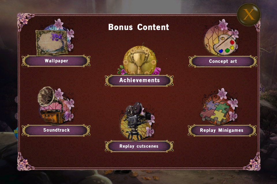 Otherworld: Shades of Fall (Collector's Edition) (iPhone) screenshot: Bonus content menu