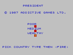 President (ZX Spectrum) screenshot: Setup screen
