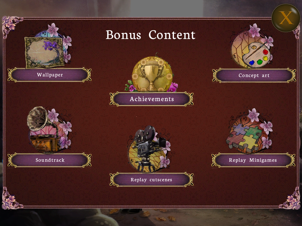Otherworld: Shades of Fall (Collector's Edition) (iPad) screenshot: The bonus content menu