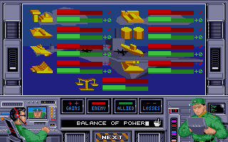 Airstrike USA (Amiga) screenshot: Balance of power report
