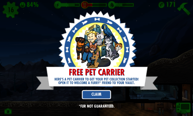 Fallout Shelter (Android) screenshot: Free pet carrier