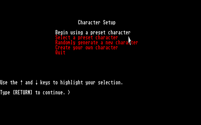 Beyond Zork: The Coconut of Quendor (Atari ST) screenshot: Start menu