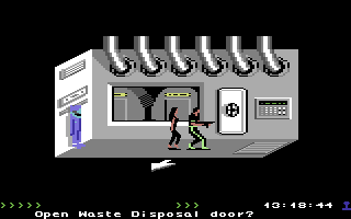 Project Firestart (Commodore 64) screenshot: Maybe she can hide in the waste disposal?