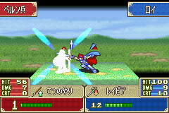 Fire Emblem: Fūin no Tsurugi (Game Boy Advance) screenshot: Roy smashing his sword forward a bad guy.