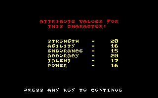 DarkSpyre (Amiga) screenshot: Character statistics